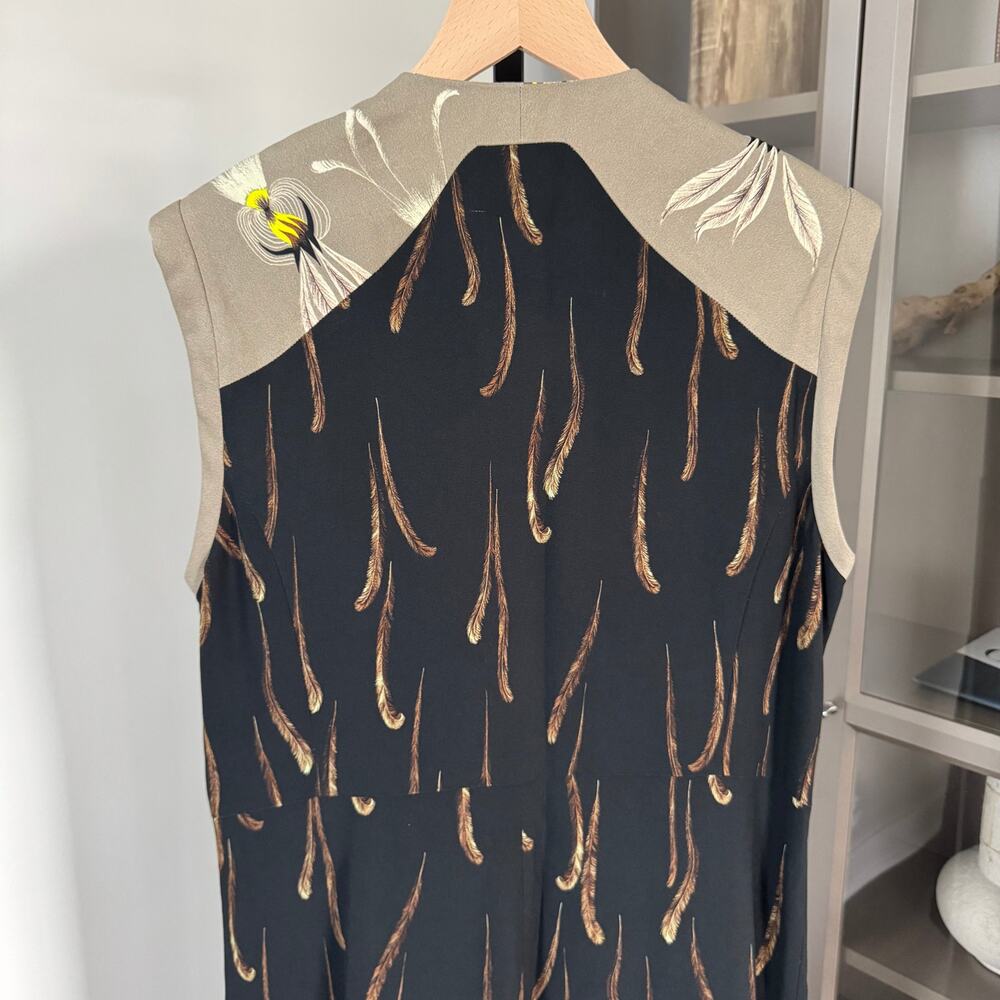 Dries Van Noten Midi Dress Large Feather Pleated Tan Black Yellow Sleeveless 42 - Picture 5 of 7